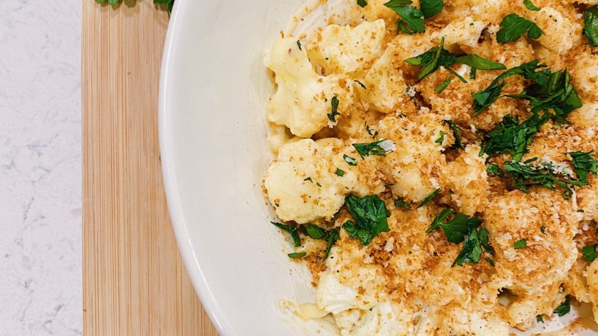 finished cheesy cauliflower bites garnished cheese sauce cauliflower mac and cheese