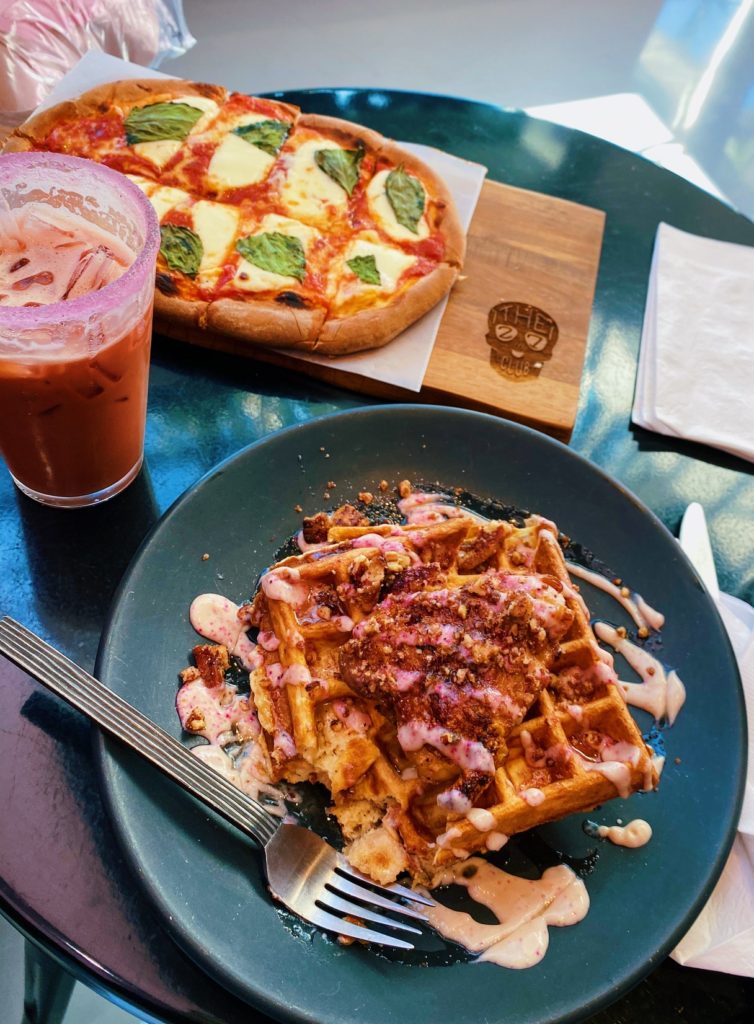 27 club coffee pizza flatbread chicken and waffles