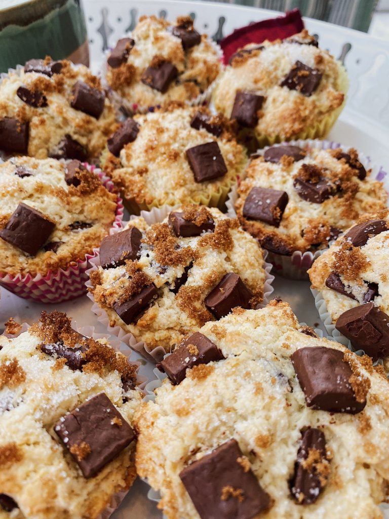 closeup of chocolate chip muffins