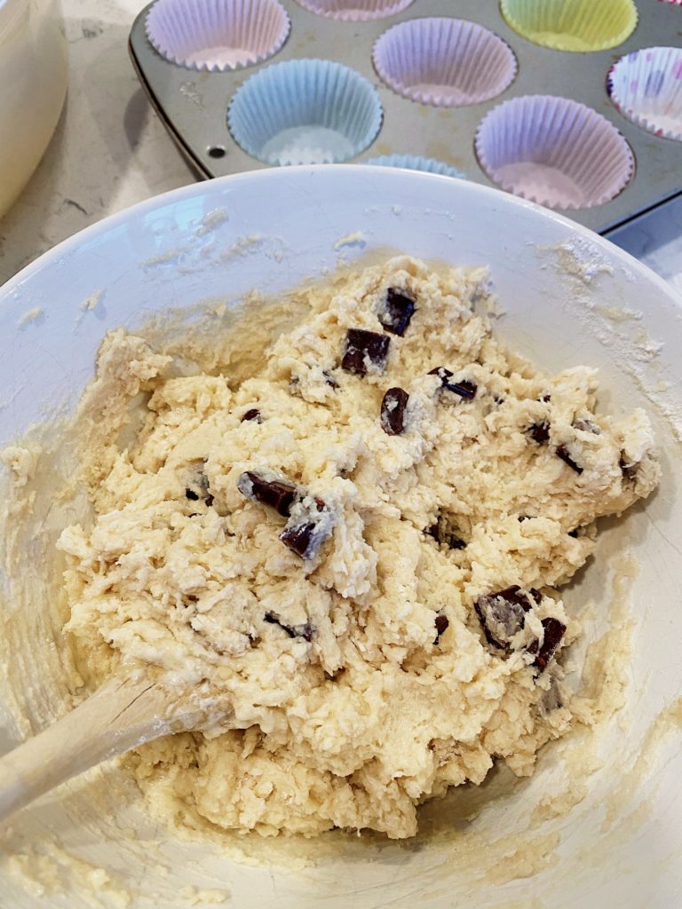 finished chocolate chip muffins batter