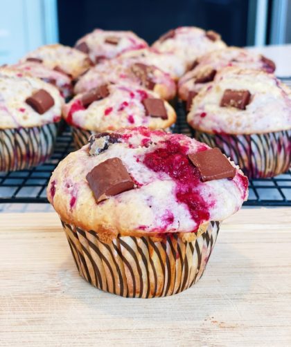 raspberry chocolate bakery style muffin covershot
