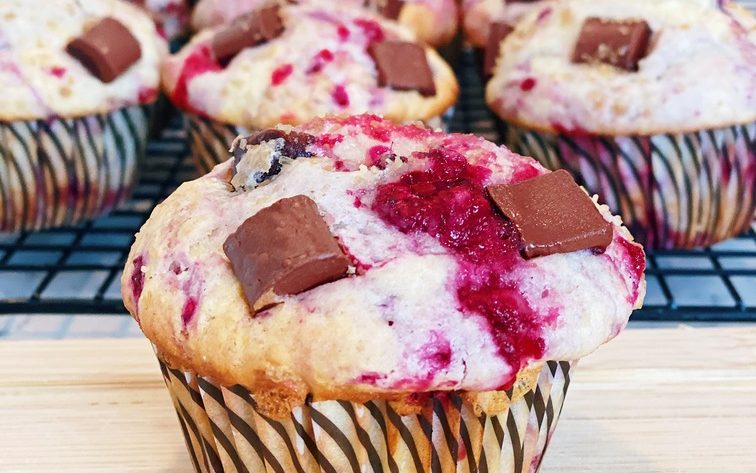 raspberry chocolate bakery style muffin covershot