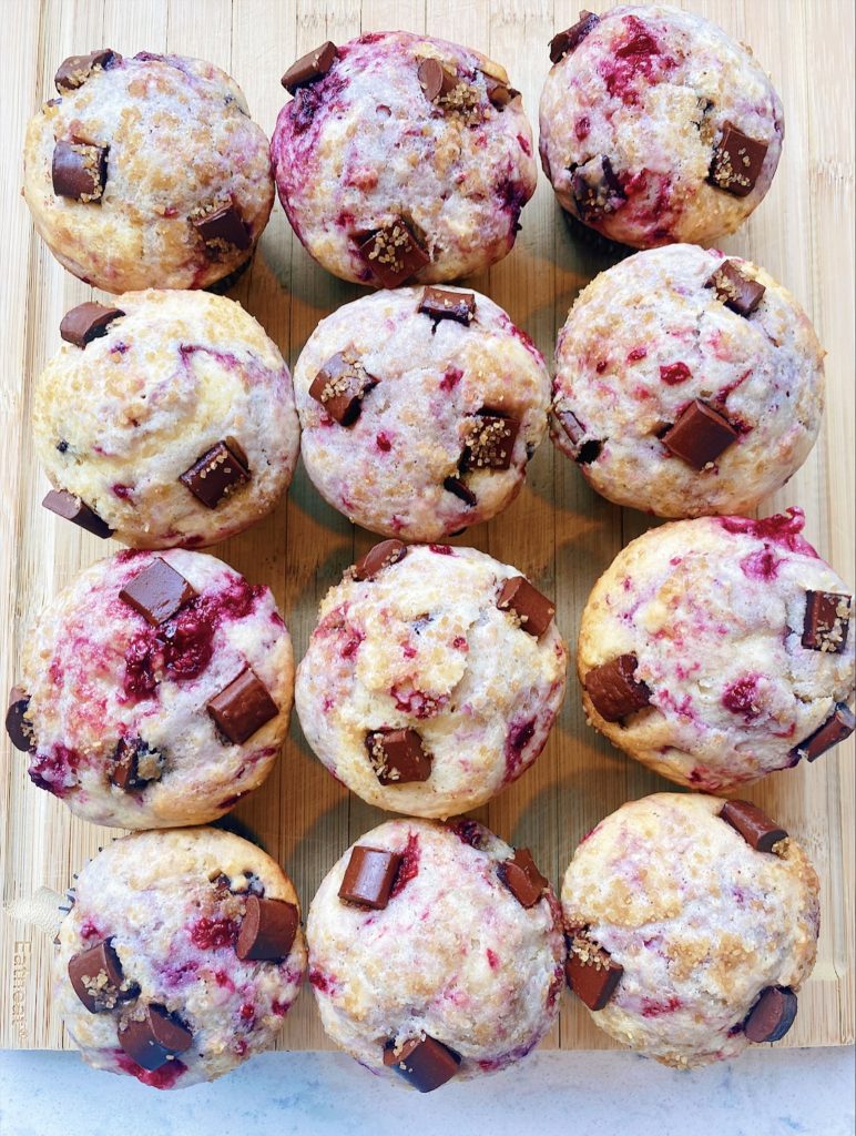 raspberry chocolate bakery style muffins arial